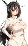 1girl bangs black_hair blush breasts cleavage closed_mouth hand_on_hip headgear kantai_collection large_breasts long_hair long_sleeves motion_lines nagato_(kantai_collection) open-chest_sweater red_eyes simple_background sleeves_past_wrists solo sweater turtleneck twitter_username upper_body white_background yuuki_hb 