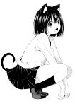  1girl :o animal_ears attsun_(atsushi_jb) between_legs blush buttons cat_ears cat_tail collared_shirt dress_shirt fang fingernails from_side hand_between_legs head_tilt highres kneehighs legs_apart loafers long_fingernails looking_at_viewer looking_to_the_side monochrome nail_polish open_mouth original pleated_skirt shirt shoes short_hair simple_background skirt solo squatting tail tooth white_background 