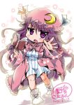  1girl book bow breasts casting_spell chibi commentary_request crescent_hair_ornament dress frills hair_ornament hat hat_ribbon long_hair long_sleeves mob_cap noai_nioshi open_mouth outstretched_hand patchouli_knowledge purple_hair ribbon shoe_bow shoes solo star striped striped_dress touhou violet_eyes wide_sleeves 