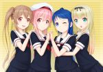  4girls :d :o ;) ahoge artist_request bangs black_ribbon black_serafuku black_skirt blue_eyes blue_hair blunt_bangs blush brown_hair closed_mouth collarbone eyebrows eyebrows_visible_through_hair eyelashes hair_between_eyes hair_ribbon hand_on_another&#039;s_shoulder hands_together harusame_(kantai_collection) hat holding_hands hug hug_from_behind interlocked_fingers kantai_collection long_hair multiple_girls murasame_(kantai_collection) neckerchief one_eye_closed open_mouth pink_eyes pink_hair pleated_skirt red_ribbon ribbon round_teeth samidare_(kantai_collection) school_uniform serafuku short_sleeves side_ponytail sidelocks simple_background skirt smile striped striped_background tareme teeth very_long_hair white_hat yellow_background yuudachi_(kantai_collection) 