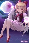  1girl blonde_hair bow dress gengetsu hair_bow highres moon night papo red_bow red_eyes ribbon short_hair solo touhou wings 