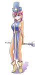  1girl blush bodysuit boots breasts cross dragon_quest dragon_quest_iii final_fantasy final_fantasy_v gloves green_eyes hat highres large_breasts lenna_charlotte_tycoon looking_at_viewer mabo-udon mitre pink_hair priest_(dq3) short_hair skin_tight smile solo staff tabard 