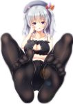  1girl :q alternate_costume ame_wa_a_ga_tsutano? bangs beret black_legwear blurry blush bokeh breast_hold breasts cat_cutout cat_lingerie cleavage collarbone crotch_seam depth_of_field eyebrows eyebrows_visible_through_hair feet flower from_below full_body hand_on_own_face hat highres kantai_collection kashima_(kantai_collection) large_breasts long_hair looking_at_viewer navel no_pants no_shoes pantyhose silver_hair simple_background soles solo stomach striped toes tongue tongue_out two_side_up white_background 