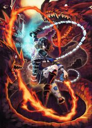  1girl black_hair bloodstained:_ritual_of_the_night bloomers boots brown_hair detached_sleeves dress dual_wielding fire glowing hair_ornament highres ice miriam_(bloodstained) monster multicolored_hair natsume_yuji official_art tagme tattoo two-tone_hair underwear whip 