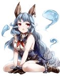  1girl animal_ears bare_arms blue_hair brown_gloves ferry_(granblue_fantasy) gloves granblue_fantasy long_hair looking_at_viewer miyase_mahiro open_mouth rabbit_ears red_eyes shirt sitting skirt sleeveless sleeveless_shirt solo v_arms very_long_hair wariza 