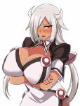  1girl blush breasts cleavage crossed_arms dark_skin hacka_doll hacka_doll_0 hair_over_one_eye long_hair looking_at_viewer nega96396 open_mouth red_eyes silver_hair simple_background solo twintails white_background 