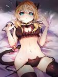  1girl :o anchor_hair_ornament animal_ears artist_name ass_visible_through_thighs bare_arms bare_shoulders bed_sheet black_bra black_legwear black_panties black_ribbon blonde_hair blue_eyes blush bow bra breasts cat_ear_panties cat_ears cat_lingerie choker cleavage collarbone cowboy_shot frilled_bra frills hair_between_eyes hair_ornament highres kantai_collection kemonomimi_mode low_twintails lying navel nia off_shoulder on_back on_bed panties parted_lips pillow pink_bow prinz_eugen_(kantai_collection) ribbon shiny shiny_skin short_hair_with_long_locks solo stomach strap_pull tail tail_bow tareme thigh-highs twintails underwear underwear_only 