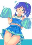  1girl aikatsu! blue_eyes blue_hair blue_panties blush cheerleader commentary_request crop_top highres kame^^ kiriya_aoi long_hair looking_at_viewer midriff navel one_eye_closed open_mouth panties pantyshot pantyshot_(standing) pom_poms scrunchie shoes side_ponytail skirt sleeveless smile sneakers solo standing underwear 