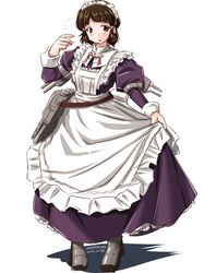  1girl alternate_costume apron boots brown_eyes brown_hair cannon dress enmaided hair_bun hair_ornament kantai_collection long_hair maid maid_apron maid_headdress myoukou_(kantai_collection) purple_dress smile solo tatsumi_rei turret 