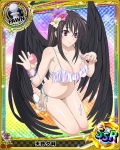  1girl amano_yuuma artist_request bikini black_hair black_wings bottle card_(medium) character_name chess_piece flower hair_flower hair_ornament high_school_dxd official_art pawn swimsuit trading_card violet_eyes wings 