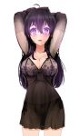  1girl absurdres ahoge arms_up beifeng_han black_hair black_panties blush bra breasts cleavage dress glowing glowing_eyes highres large_breasts long_hair miyaura_sanshio open_mouth original panties see-through simple_background smile solo underwear violet_eyes white_background 