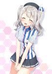  1girl employee_uniform hat kantai_collection kashima_(kantai_collection) lawson name_tag shima_(shima_je) silver_hair skirt smile twintails uniform wavy_hair 