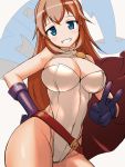  1girl aegis_(nerocc) bare_shoulders belt blonde_hair blue_eyes blue_gloves breasts cape charlotte_e_yeager cleavage cosplay crossover dc_comics gloves grin hips large_breasts power_girl power_girl_(cosplay) smile solo strike_witches thick_thighs thighs v 