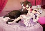  +_+ 2girls alternate_costume aori_(splatoon) bed black_hair blush bow domino_mask earrings eyebrows hair_bow hair_ornament hat high_heels hotaru_(splatoon) jewelry lace lace-trimmed_thighhighs long_hair lying mask mole mole_under_eye multiple_girls nomu pillow pointy_ears short_hair silver_hair smile splatoon symbol-shaped_pupils tentacle_hair tentacles thick_eyebrows thigh-highs 