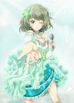  1girl brown_hair delf green_eyes highres idolmaster idolmaster_cinderella_girls idolmaster_cinderella_girls_starlight_stage looking_at_viewer mole mole_under_eye one_eye_closed short_hair smile solo takagaki_kaede 