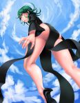  1girl ass black_dress cloel curly_hair dress from_below green_eyes green_hair highres looking_at_viewer looking_down one-punch_man open_mouth short_hair sky solo tatsumaki 