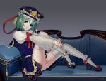  1girl bangs black_shoes blue_eyes couch dress frills from_side green_hair hat head_tilt knees_up leg_garter lemeiet_(sablecat) long_sleeves looking_at_viewer looking_to_the_side shiki_eiki shoes short_hair sitting solo thigh-highs touhou white_legwear wide_sleeves 