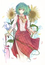  1girl ascot closed_umbrella flower green_hair kazami_yuuka long_sleeves looking_at_viewer nakaichi_(ridil) open_clothes open_vest red_eyes shirt side_slit skirt skirt_set smile solo sunflower touhou umbrella vest 