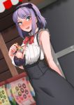  1girl :d @_@ absurdres between_breasts blush bra breasts cleavage dagashi_kashi double-breasted hairband highres looking_at_viewer nail_polish neck_ribbon open_clothes open_mouth oxxo_(dlengur) purple_bra purple_hair red_nails red_ribbon ribbon shidare_hotaru short_hair sleeveless smile solo sweatdrop teeth umaibou underwear violet_eyes 