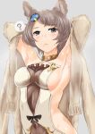  1girl animal_ears armpits bare_back breasts cape detached_sleeves granblue_fantasy grey_eyes grey_hair hair_ornament halterneck lips long_sleeves looking_at_viewer mole mole_under_mouth revision schizanthus_(artist) short_hair solo stella_(granblue_fantasy) 