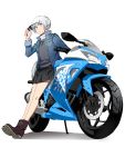  1girl absurdres blue_hair glasses highres kurohane motor_vehicle motorcycle pleated_skirt rwby simple_background skirt solo vehicle weiss_schnee white_background white_hair 