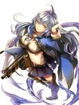  1girl ahoge belt braid breasts eredhen granblue_fantasy hair_between_eyes highres large_breasts long_hair looking_at_viewer midriff navel silva_(granblue_fantasy) silver_hair solo twin_braids very_long_hair yellow_eyes 