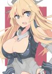  1girl blonde_hair blue_eyes breasts cleavage gloves iowa_(kantai_collection) kantai_collection large_breasts looking_at_viewer moonlaw open_mouth simple_background solo star star-shaped_pupils symbol-shaped_pupils 
