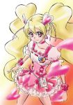  1girl blonde_hair bow choker collarbone corset cowboy_shot cure_peach earrings fresh_precure! frills gradient gradient_background hair_ornament heart heart_earrings heart_hair_ornament highres jewelry kagawa_hisashi long_hair miniskirt momozono_love pink_bow pink_eyes pouch precure puffy_short_sleeves puffy_sleeves ribbon short_sleeves simple_background skirt solo twintails very_long_hair wrist_cuffs wrist_ribbon 