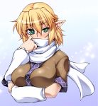  1girl arm_warmers blonde_hair blush breast_hold breasts covered_mouth embarrassed green_eyes large_breasts mizuhashi_parsee ootsuki_wataru pointy_ears raised_eyebrow scarf short_hair solo touhou upper_body 