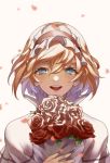  1girl :d alice_margatroid aqua_eyes blonde_hair blush bouquet capelet eredhen eyelashes face flower frills hair_ribbon happy highres holding_bouquet looking_at_viewer motion_blur open_mouth petals pink_lips portrait red_flower red_rose ribbon rose shade short_hair simple_background smile solo touhou 