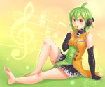  123hamster ahoge arm_support bare_shoulders barefoot breasts dress eating fingerless_gloves fl-chan fl_studio gloves green_hair headset looking_at_viewer short_hair sitting smile vocaloid 