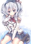  1girl blue_eyes blue_skirt character_name epaulettes gloves hat iyo_iyo kantai_collection kashima_(kantai_collection) looking_at_viewer pleated_skirt short_hair silver_hair skirt smile socks solo twintails white_gloves 