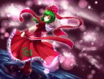  1girl blurry_background boots brown_boots collar dress dutch_angle frilled_collar frills from_behind front_ponytail full_body green_eyes green_hair hair_ribbon kagiyama_hina knee_boots light_smile looking_back puffy_short_sleeves puffy_sleeves red_dress red_ribbon ribbon rody_(hayama_yuu) shawl short_hair short_sleeves solo tareme tied_hair touhou walking walking_on_liquid water wrist_cuffs 