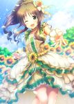  1girl brown_eyes brown_hair flower hair_flower hair_ornament highres idolmaster idolmaster_cinderella_girls idolmaster_cinderella_girls_starlight_stage long_hair looking_at_viewer ment one_eye_closed open_mouth ponytail smile solo takamori_aiko 