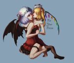  2girls :d ;d ;p armpits artist_name bangs bare_shoulders bat_wings blonde_hair blunt_bangs breasts cheek_licking choker collarbone crystal demon_wings dress english face_licking fishnet_legwear fishnets flandre_scarlet flower full_body hair_flower hair_ornament hands_together hat hat_flower hat_ribbon highres holding_hands interlocked_fingers kneeling lavender_hair licking mob_cap multiple_girls off_shoulder one_eye_closed open_mouth red_dress red_eyes red_ribbon remilia_scarlet ribbon ribbon-trimmed_headwear ribbon_trim sarena short_hair siblings side_ponytail sideboob sisters smile soles text thigh-highs toes tongue tongue_out touhou tsurime white_hat wings yuri zettai_ryouiki 