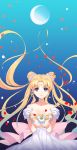  1girl bare_shoulders bishoujo_senshi_sailor_moon blonde_hair blue_background blue_eyes bow breasts cleavage crescent dakun double_bun facial_mark forehead_mark hair_ornament hairpin highres long_hair looking_at_viewer moon petals pink_bow princess_serenity smile solo tsukino_usagi twintails upper_body 