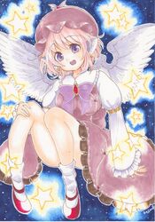  1girl animal_ears bird_wings bow brooch brown_dress dress earrings hat jewelry juliet_sleeves kotarou_(yukina1721) long_sleeves looking_at_viewer marker_(medium) mob_cap mystia_lorelei open_mouth pink_hair puffy_sleeves shirt star touhou traditional_media violet_eyes wings 