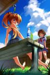  2girls ahoge artist_request bare_legs bare_shoulders barefoot belt bench blonde_hair blue_eyes blue_shirt blue_sky blurry blush bottle brown_hair bush camisole clouds depth_of_field eating fence from_behind full_body grass green_eyes highres long_hair looking_at_viewer looking_back mouth_hold multiple_girls original outdoors plant pleated_skirt popsicle sailor_collar school_uniform serafuku shirt short_hair short_sleeves sitting skirt sky sleeveless sleeveless_shirt spaghetti_strap standing tareme toes water_bottle white_shirt wind_chime 