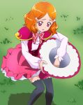  1girl black_legwear blush grass haruyama_kazunori hat hat_removed headwear_removed kei_(mahou_girls_precure!) mahou_girls_precure! orange_hair pink_eyes precure short_hair solo thigh-highs witch_hat zettai_ryouiki 