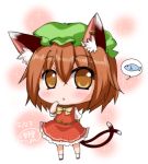  1girl animal_ears blush brown_eyes brown_hair cat_ears cat_tail chen chibi commentary_request dress fish frills hand_on_own_face hat jewelry mob_cap multiple_tails noai_nioshi red_skirt shoes short_hair short_sleeves single_earring skirt skirt_set socks sparkle tail thinking touhou two_tails 