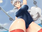  1girl animal_ears breasts highres inubashiri_momiji large_breasts looking_at_viewer looking_down red_eyes red_legwear school_swimsuit short_hair silver_hair solo swimsuit tail thighs tochinoko touhou wolf_ears wolf_tail 