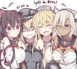  /\/\/\ 4girls :d ^_^ ^o^ bandages bismarck_(kantai_collection) blonde_hair breasts brown_hair cleavage closed_eyes dark_skin empty_eyes english expressionless glasses hat headgear hug iowa_(kantai_collection) kantai_collection kvlen multiple_girls musashi_(kantai_collection) o_o open_mouth peaked_cap sarashi shaded_face short_hair simple_background smile turn_pale upper_body white_background yamato_(kantai_collection) 