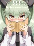  1girl absurdres anchovy aqua_hair black_necktie black_ribbon blush book brown_eyes capelet close-up covering_mouth embarrassed eyebrows eyebrows_visible_through_hair fume girls_und_panzer hair_between_eyes hair_ribbon highres holding holding_book long_sleeves looking_at_viewer okitsugu open_book orange_background ribbon shirt simple_background solo tsurime twintails upper_body white_shirt 