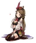  bare_shoulders boots breasts brown_hair cleavage gloves granblue_fantasy hanarito harie_(granblue_fantasy) hat kneeling thigh-highs thigh_boots 