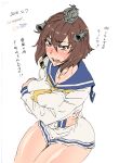  1girl blush breasts brown_eyes brown_hair covering covering_breasts headgear highres kantai_collection large_breasts looking_at_viewer older open_mouth select_(dragon62) short_hair solo sweatdrop translated twitter_username wavy_mouth yukikaze_(kantai_collection) 