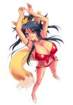  1girl animal_ears armpits arms_up bikini black_hair breasts cleavage covered_nipples flower fox_ears fox_tail grin hair_flower hair_ornament high_heels highres long_hair looking_at_viewer ngo original ponytail red_bikini simple_background smile solo swimsuit tail violet_eyes white_background 