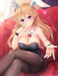  1girl anchor_symbol animal_ears bangs bare_shoulders black_legwear blonde_hair braid bunny_girl bunnysuit crossed_legs detached_collar finger_to_mouth french_braid highres kantai_collection long_hair looking_at_viewer naigou outstretched_hand pantyhose rabbit_ears sitting solo thighband_pantyhose violet_eyes wrist_cuffs zara_(kantai_collection) 