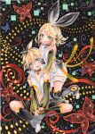 1boy 1girl abstract_background alternate_costume artist_name bass_clef blonde_hair blue_eyes bow brother_and_sister butterfly choker collarbone dated hair_bow hair_ornament hairclip hands_on_shoulders happy headset kagamine_len kagamine_rin looking_at_viewer midriff mosho multicolored_hair navel short_hair siblings signature smile traditional_media treble_clef twins vocaloid 