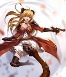  &gt;:o 1girl :o black_bow black_legwear blonde_hair bow breasts cleavage dress eredhen granblue_fantasy hair_bow large_breasts long_hair open_mouth ponytail red_eyes ribbon solo thigh-highs vira zettai_ryouiki 