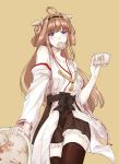  1girl bare_shoulders black_legwear brown_hair covered_mouth cup double_bun doughnut food food_in_mouth hairband headgear highres holding_cup kantai_collection kongou_(kantai_collection) lapis_(13567118) long_hair nontraditional_miko ribbon-trimmed_sleeves ribbon_trim skirt solo teacup thigh-highs yellow_background 